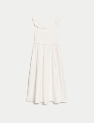 M&S Girls Pure Cotton Broderie Dress (6-16 Yrs) - 7-8 Y - Ivory, Ivory