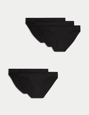 M&S Womens 5pk No VPL Cotton Modal Bikini Knickers - 8 - Black, Black