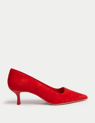 M&S Womens Wide Fit Suede Kitten Heel Court Shoes - 4 - Red, Red