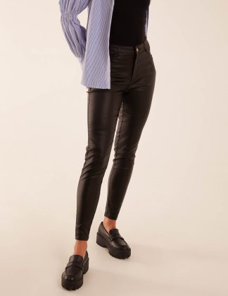 PU Mid Rise Coated Skinny Jeans - 14 / BLACK