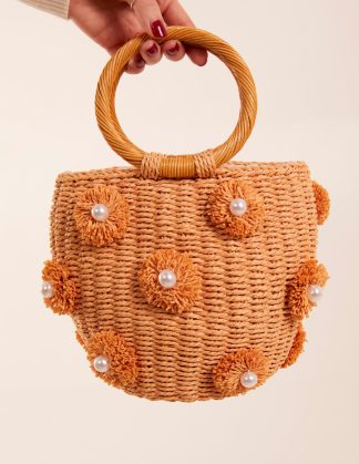 Pearl Pompom Mini Woven Handbag - ONE / STONE