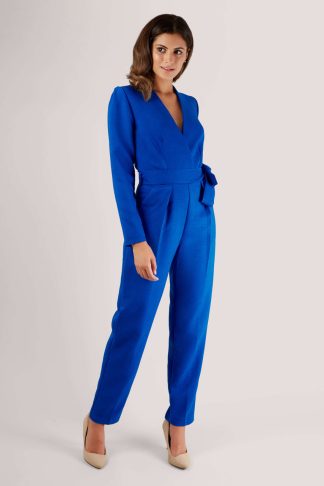 Blue Long Sleeve Crossover Jumpsuit