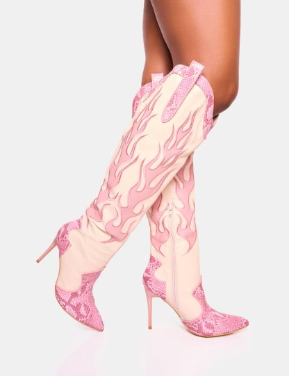 Jacksonville Pink Flame Motif Western Stiletto Heeled Over the Knee Boot