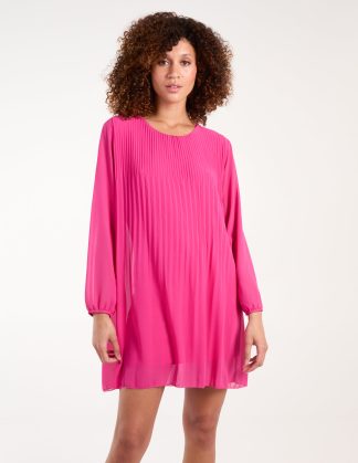 Long Sleeve Pleated Shift Dress - S/M / HOT PINK