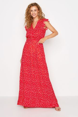 Lts Tall Red Ditsy Print Frill Maxi Dress Size 8 | Tall Women's Maxi Dresses