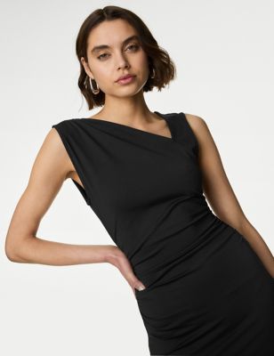 M&S Womens Asymmetric Ruched Midaxi Bodycon Dress - 16REG - Black, Black
