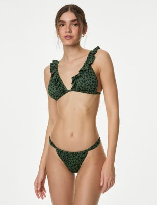 M&S Womens Printed Ruffle Plunge Bikini Top - 10 - Dark Green Mix, Dark Green Mix