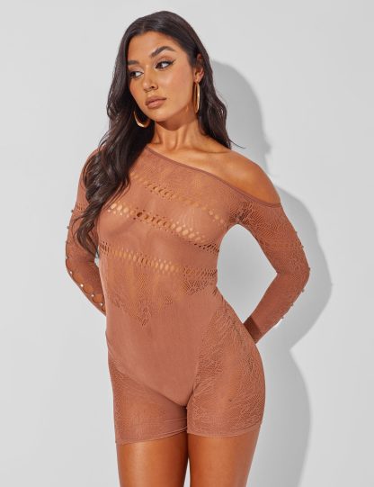 Mesh and Lace Panel Off Shoulder Short Unitard Brown