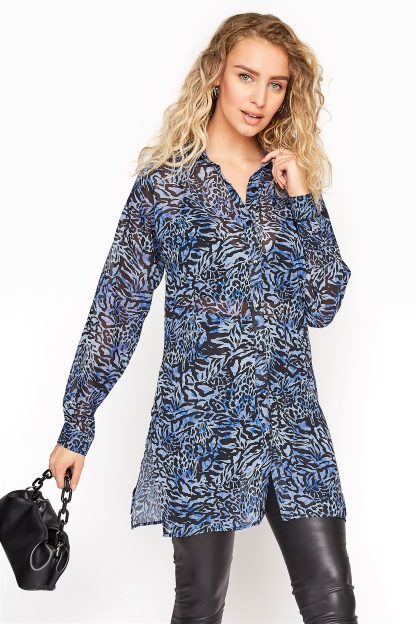 Lts Blue Mixed Animal Longline Chiffon Shirt 8 Lts | Tall Women's Shirts & Blouses