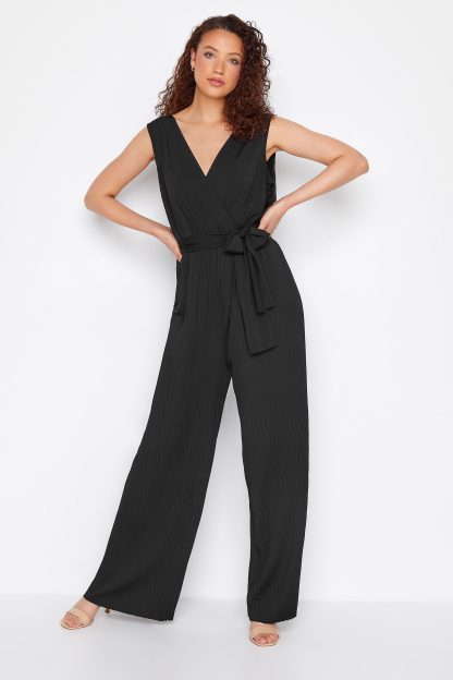 Lts Tall Black Pleated Wrap Stretch Wide Leg Jumpsuit 10-12 Lts | Tall Women's Jumpsuits