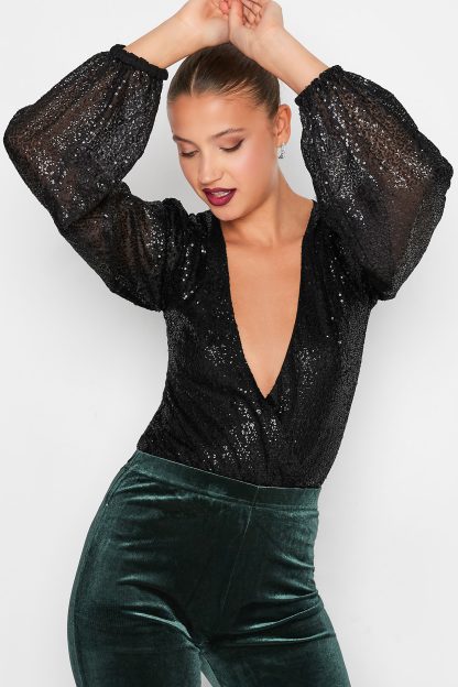 Lts Tall Black Sequin Embellished Bodysuit 16 Lts | Tall Women's Bodysuits