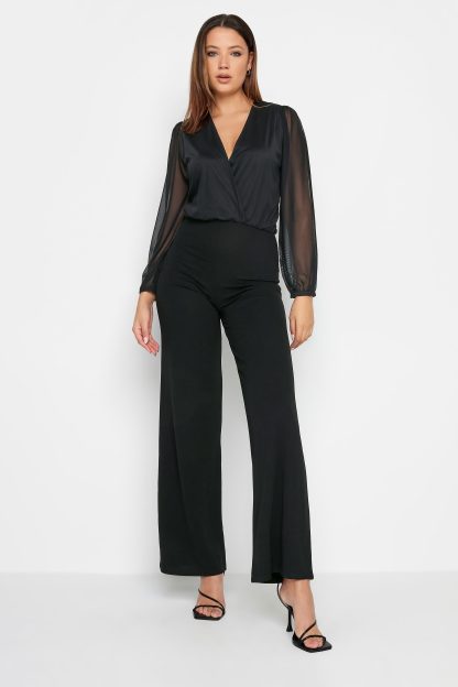 Lts Tall Black Wrap Mesh Sleeve Jumpsuit 8 Lts | Tall Women's Jumpsuits