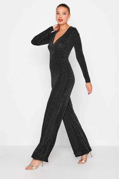 Lts Tall Black & Silver Stretch Glitter Wrap Jumpsuit 22-24 Lts | Tall Women's Jumpsuits