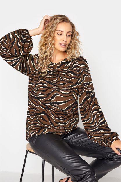 Lts Tall Brown Zebra Print Balloon Sleeve Chiffon Blouse 10 Lts | Tall Women's Shirts & Blouses