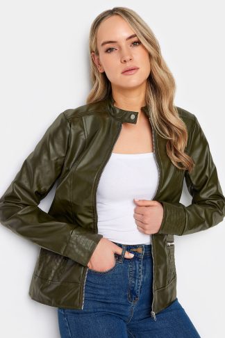 Lts Tall Khaki Green Faux Leather Funnel Neck Jacket 14 Lts | Tall Women's Faux Leather Jackets