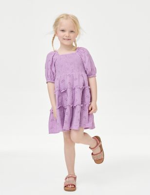 M&S Girls Pure Cotton Broderie Dress (2-8 Yrs) - 3-4 Y - Purple, Purple,Orange