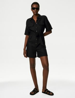 M&S Women's Linen Rich Belted Short Sleeve Playsuit - 6REG - Black, Black
