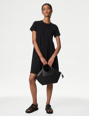 M&S Women's Pure Cotton Mini Skater Dress - 10REG - Black, Black,Poppy
