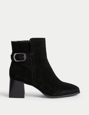 M&S Women's Wide Fit Suede Buckle Block Heel Ankle Boots - 4.5 - Black, Black
