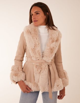 Faux Fur PU Coat With Belt - 12 / CREAM