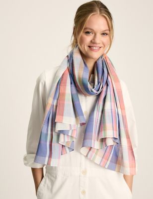 Joules Women's Pure Cotton Checked Scarf - Blue Mix, Blue Mix