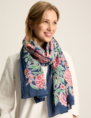 Joules Women's Pure Cotton Printed Floral Scarf - Navy Mix, Navy Mix