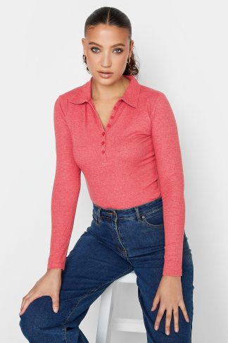 Lts Tall Pink Ribbed Polo Top 8 Lts | Tall Women's Long Sleeve Tops