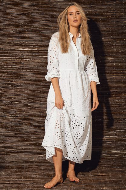 Lts Tall White Broderie Anglaise Maxi Shirt Dress 14 Lts | Tall Women's Maxi Dresses