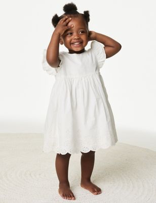 M&S Girls Pure Cotton Broderie Dress (0-3 Yrs) - 12-18 - White Mix, White Mix