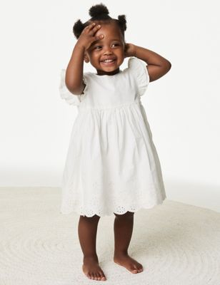 M&S Girls Pure Cotton Broderie Dress (0-3 Yrs) - 6-9 M - White Mix, White Mix