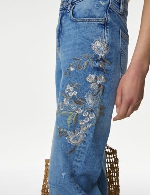 M&S Women's Boyfriend Embroidered Ankle Grazer Jeans - 14REG - Medium Indigo, Medium Indigo
