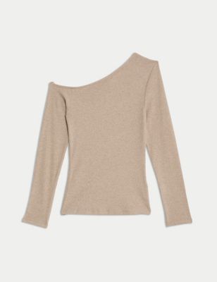 M&S Women's Cotton Rich Off The Shoulder Top - 14 - Beige Marl, Beige Marl