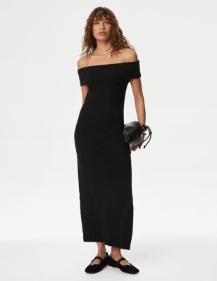 M&S Women's Jersey Bardot Midaxi Bodycon Dress - 6REG - Black, Black