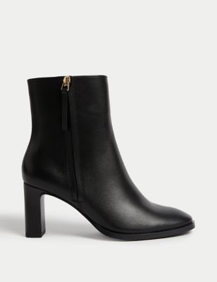 M&S Women's Leather Block Heel Ankle Boots - 4 - Black, Black