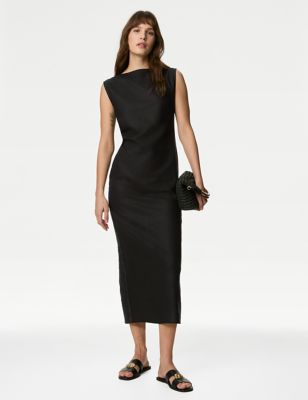 M&S Women's Linen Rich Ruched Midaxi Bodycon Dress - 16PET - Black, Black,Neutral