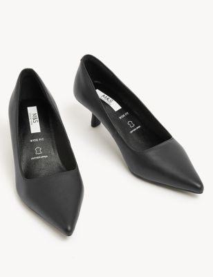 M&S Women's Wide Fit Leather Kitten Heel Court Shoes - 4.5 - Black, Black
