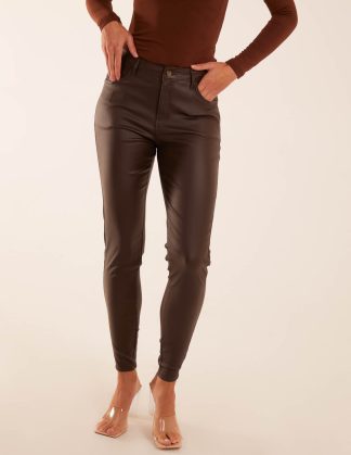 PU Mid Rise Coated Skinny Jeans - 10 / BROWN
