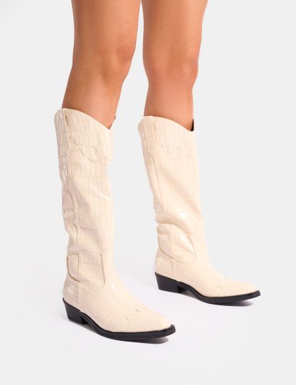 Apollo Cream Brown Stitch Flat Western Knee High Boots