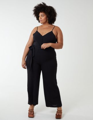 Curve Button Front Strappy Jumpsuit - 26/28 / BLACK