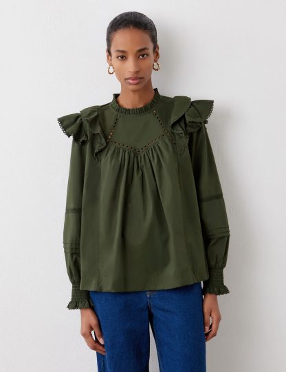 Finery London Women's Pure Cotton Frill Neck Ruffle Blouse - 16 - Green, Green,Black,White,Burgundy