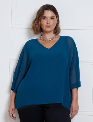 Live Unlimited London Women's Chiffon V-Neck Top - 22 - Blue, Pink,Blue