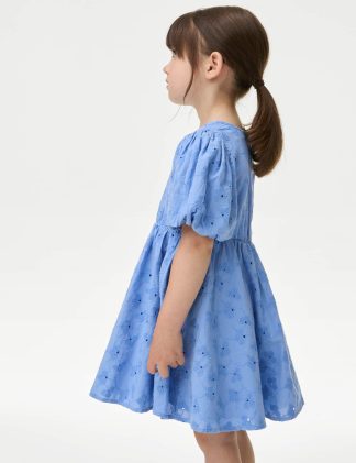 M&S Girls Pure Cotton Broderie Dress (2-8 Yrs) - 2-3 Y - Blue, Light Green,Blue