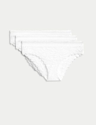 M&S Women's 3pk Flexifit™ Lace Brazilian Knickers - 12 - White, Black,White,Bright Indigo