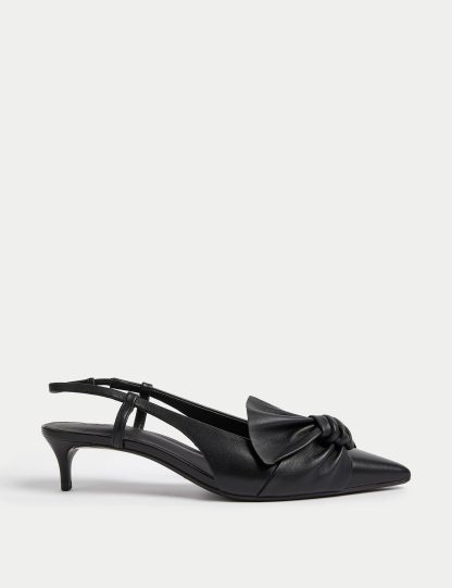 M&S Women's Leather Kitten Heel Slingback Sandals - 6 - Black, Cream,Black