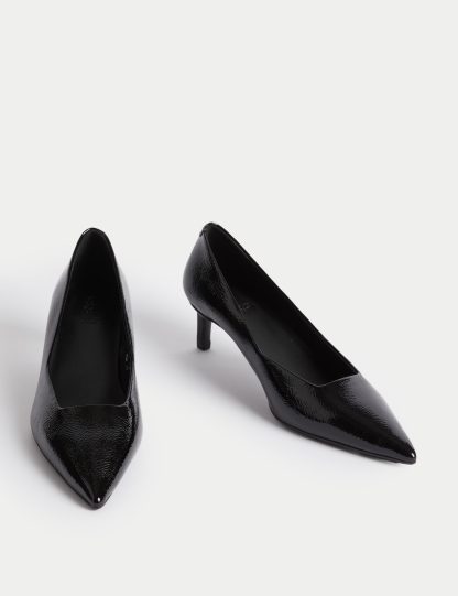 M&S Women's Wide Fit Leather Kitten Heel Court Shoes - 5 - Black, Black