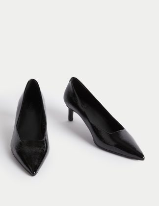 M&S Women's Wide Fit Leather Kitten Heel Court Shoes - 6 - Black, Black