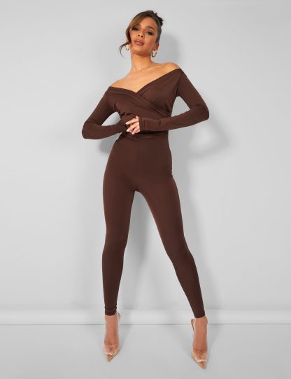 Off Shoulder Ruched Long Sleeve Jumpsuit Brown