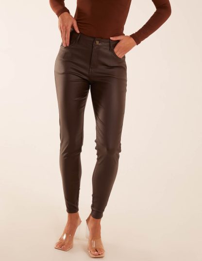 PU Mid Rise Coated Skinny Jeans - 12 / BROWN