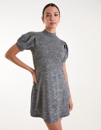 Puff Sleeve Smock Dress - S / CHARCOAL