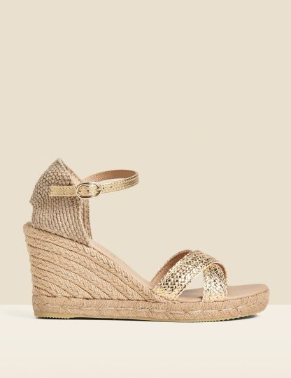 Sosandar Women's Metallic Ankle Strap High Wedge Espadrilles - 6 - Gold, Gold